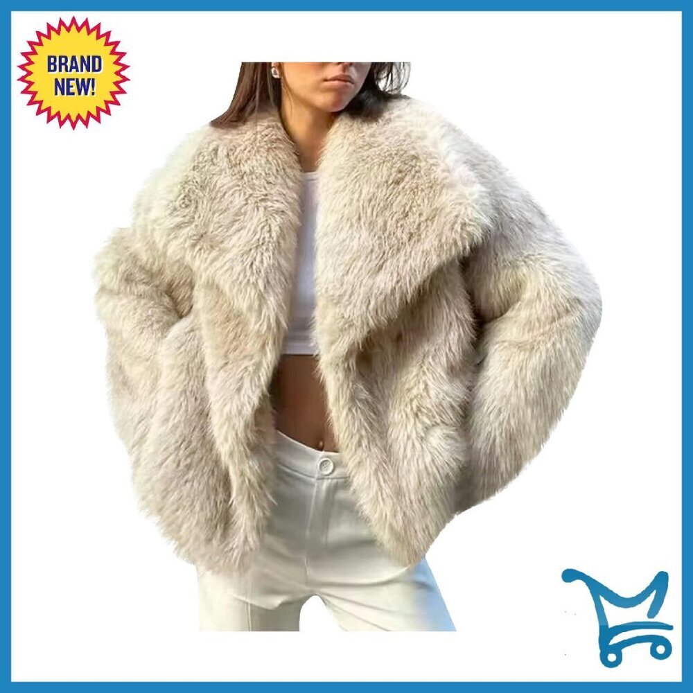 Cropped Faux Fur Jacket Oversized Lapel Button Down Winter Outerwear